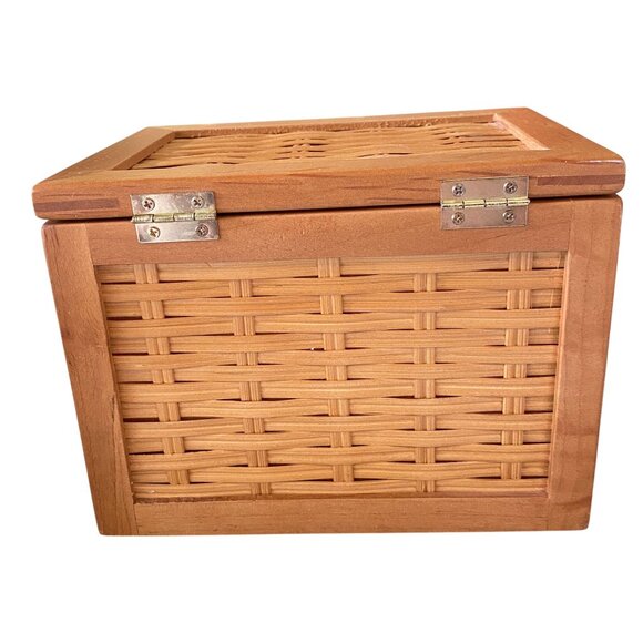 Wooden woven recipe box trinket box dresser tabletop box basket weave - Picture 4 of 10